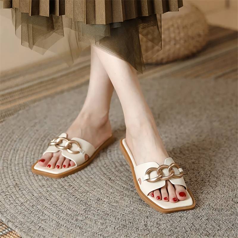 Summer Square Toe Leather Slippers