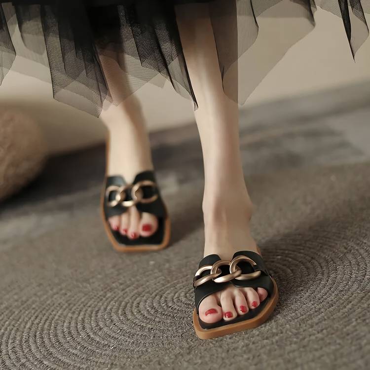 Summer Square Toe Leather Slippers