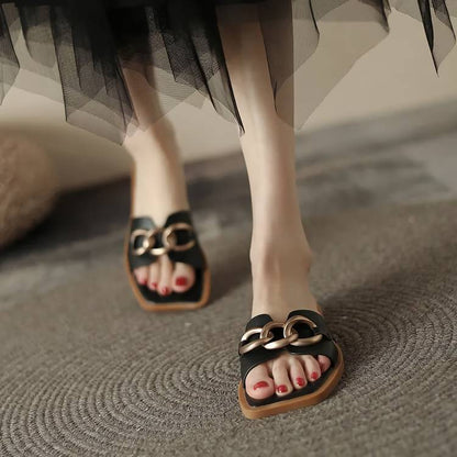 Summer Square Toe Leather Slippers