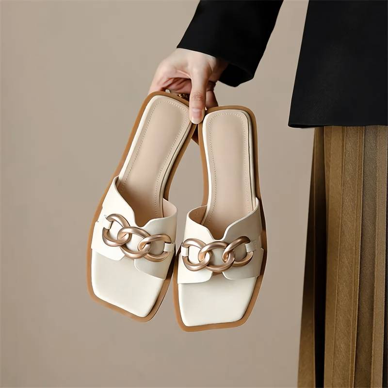 Summer Square Toe Leather Slippers