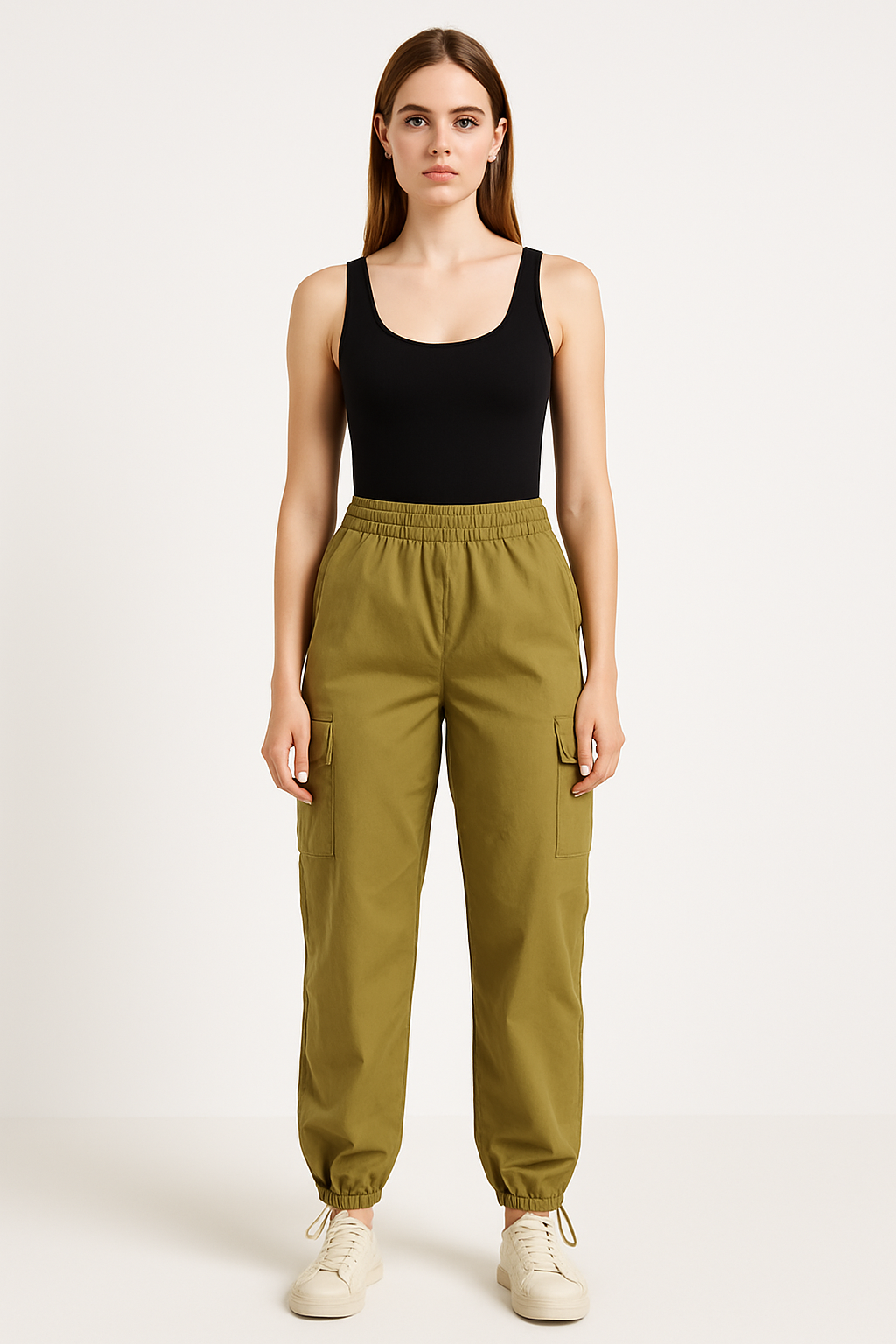 Khaki Cargo Pants With Drawstring Hem