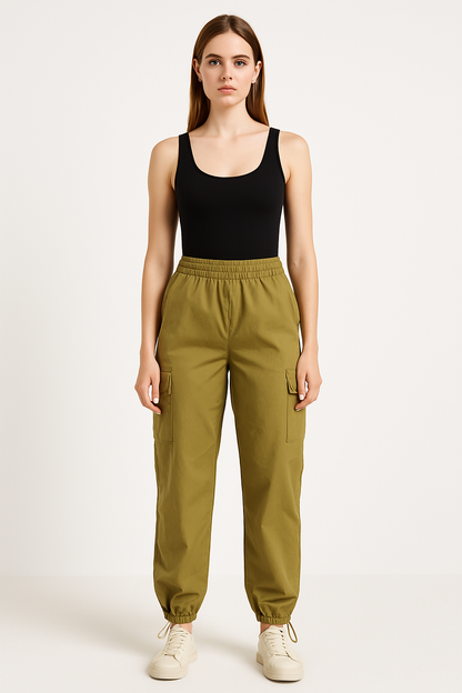 Khaki Cargo Pants With Drawstring Hem