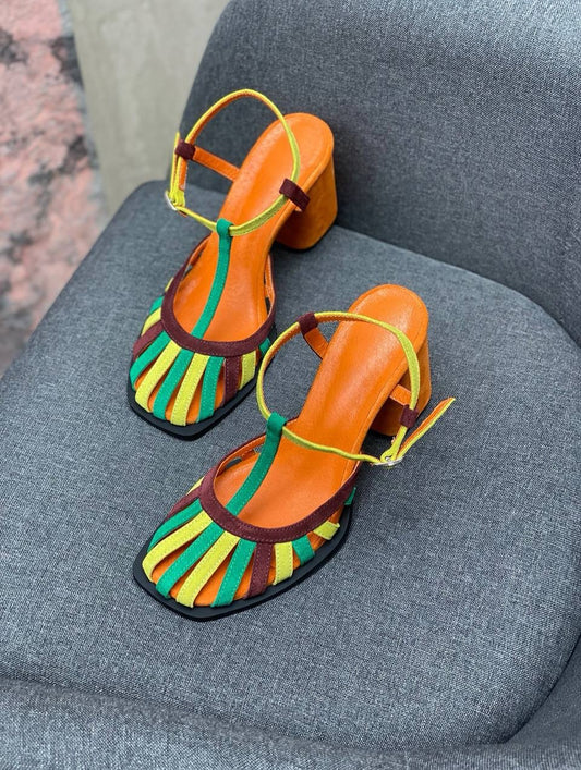 Color Block Strappy Block Heel Sandals