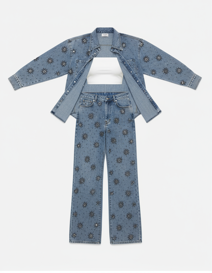 Rhinestone Sparkle Flower Print Denim Two Pieces Set