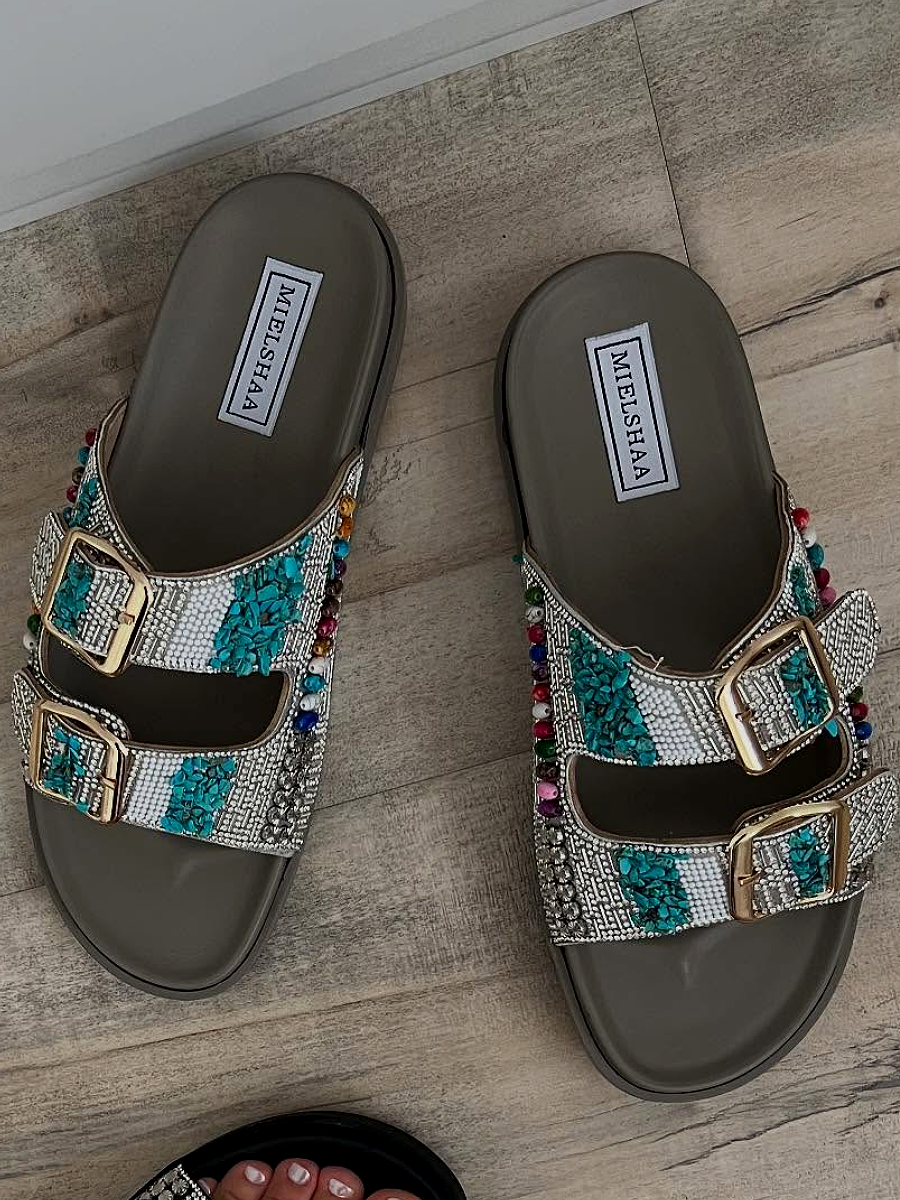 Rhinestone Double Buckle Flat Sandals