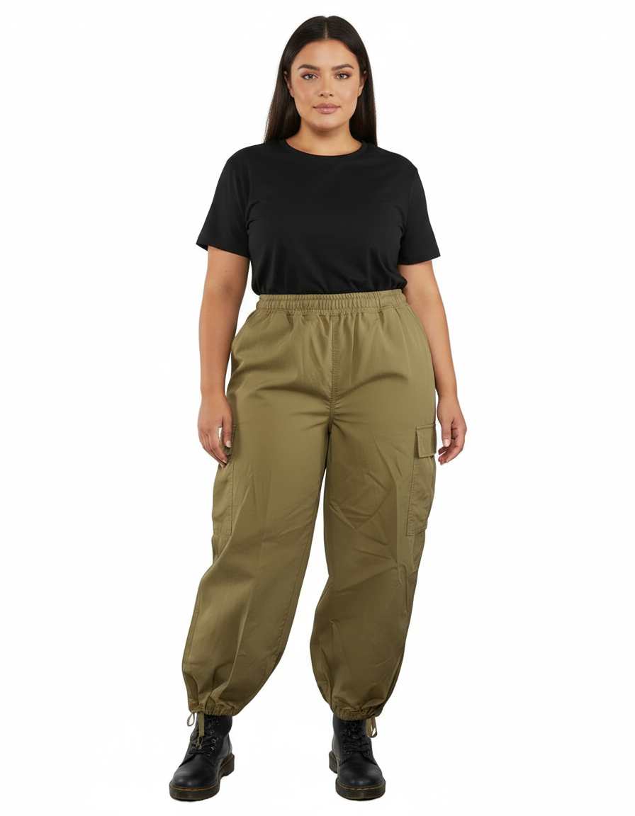 Khaki Cargo Pants With Drawstring Hem