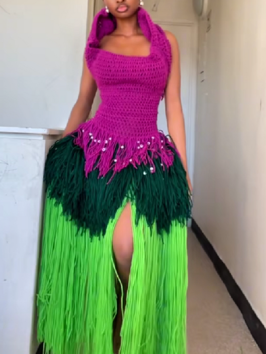 Knit Fringed Beaded Dress