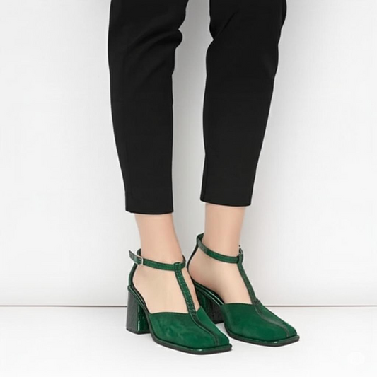 Ankle Strap Square Toe Block Heels