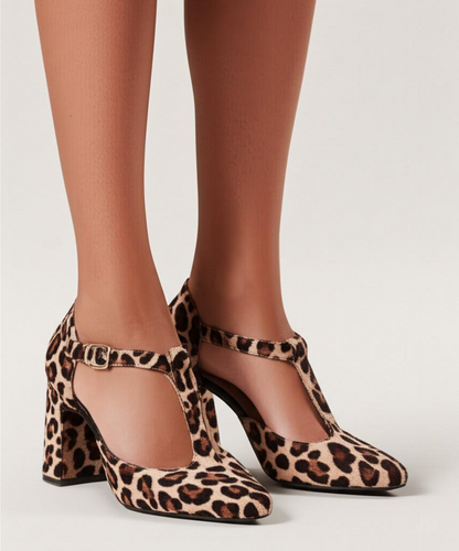Animal Print T - Strap Block Heels