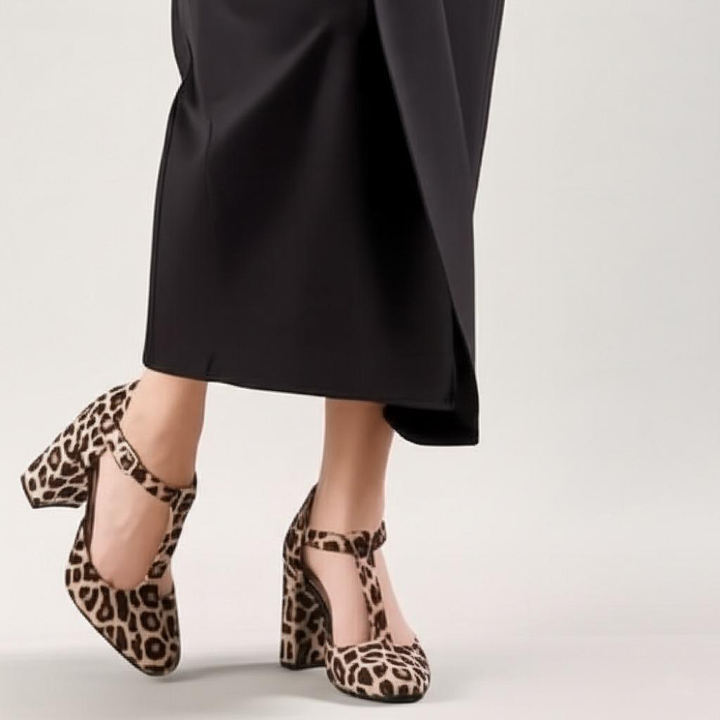 Animal Print T - Strap Block Heels