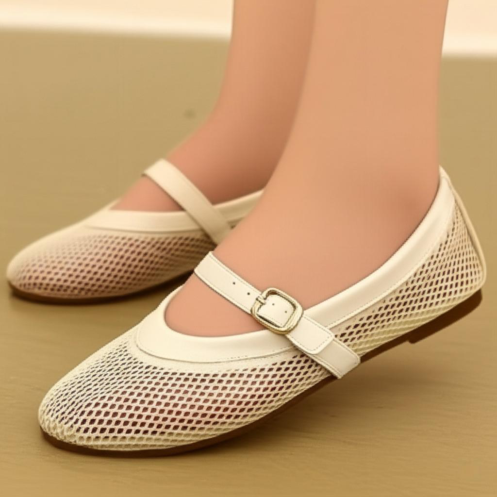 Mesh Ankle Strap Ballet Flats