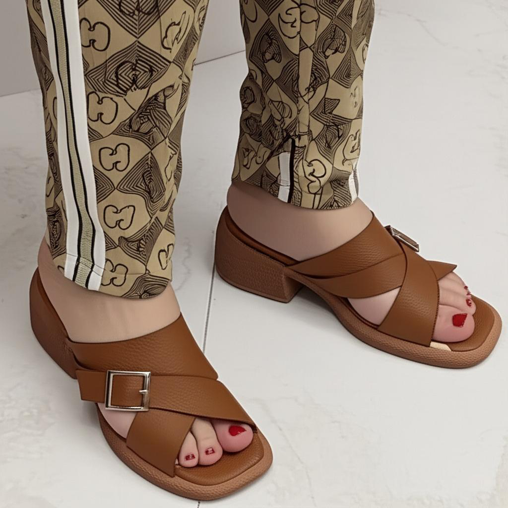Buckle Detail Block Heel Mules
