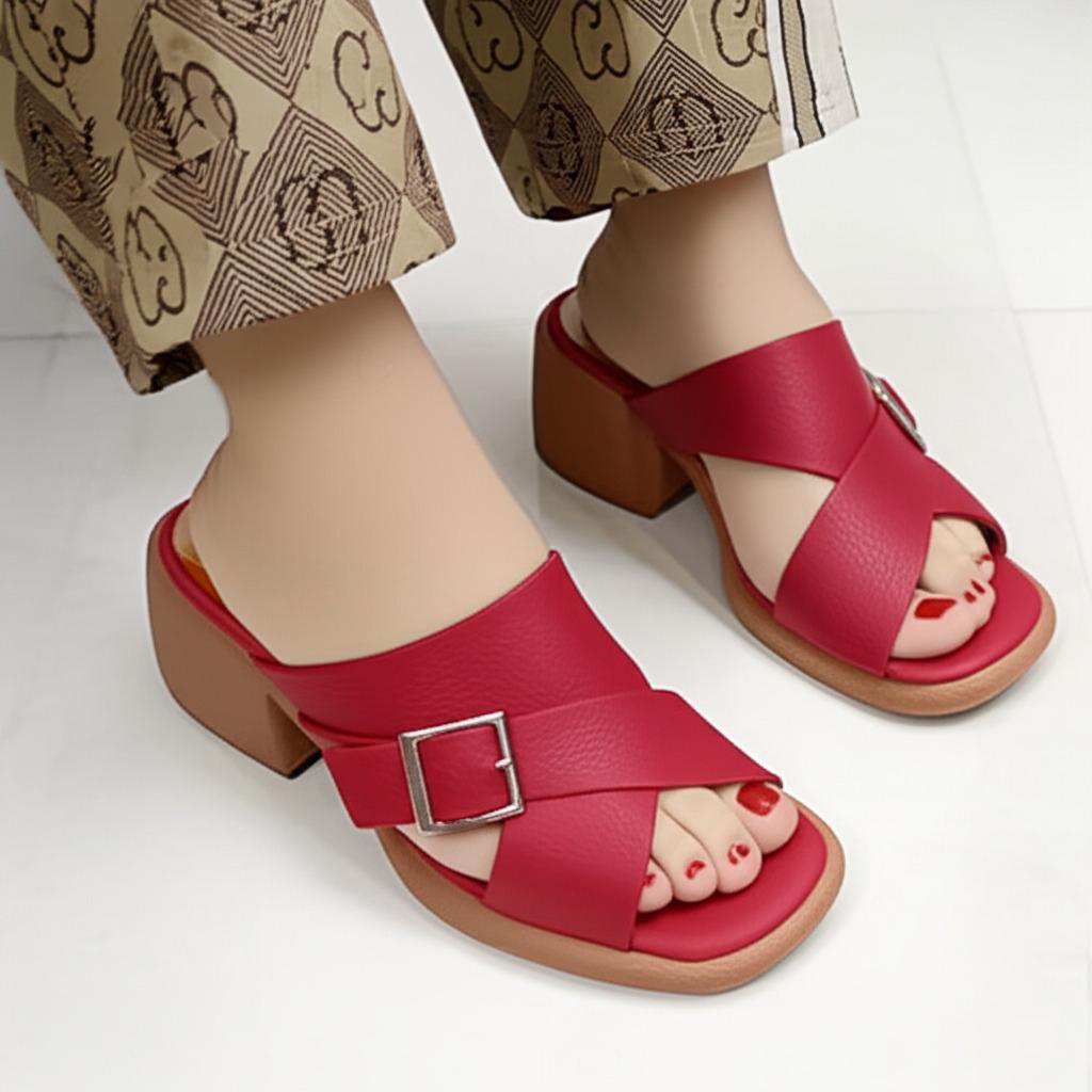 Buckle Detail Block Heel Mules