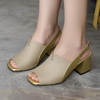 Metallic Accent Peep Toe Block Heel Sandals