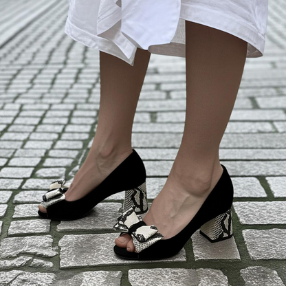 Snake Print Bow Block Heel Pumps