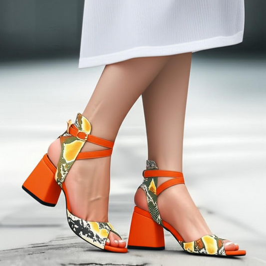 Snake Print Block Heel Ankle Strap Sandals