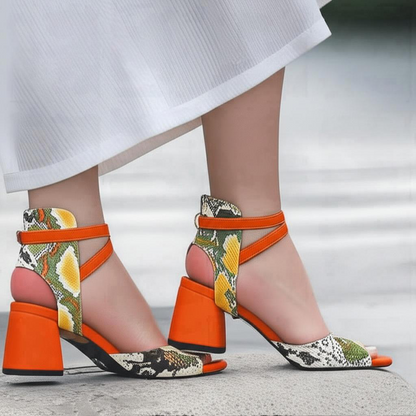 Snake Print Block Heel Ankle Strap Sandals