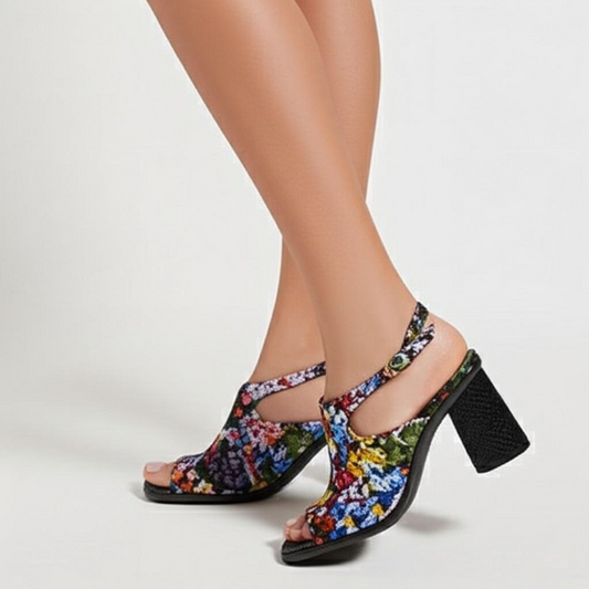 Floral Print Block Heel Ankle Strap Sandals