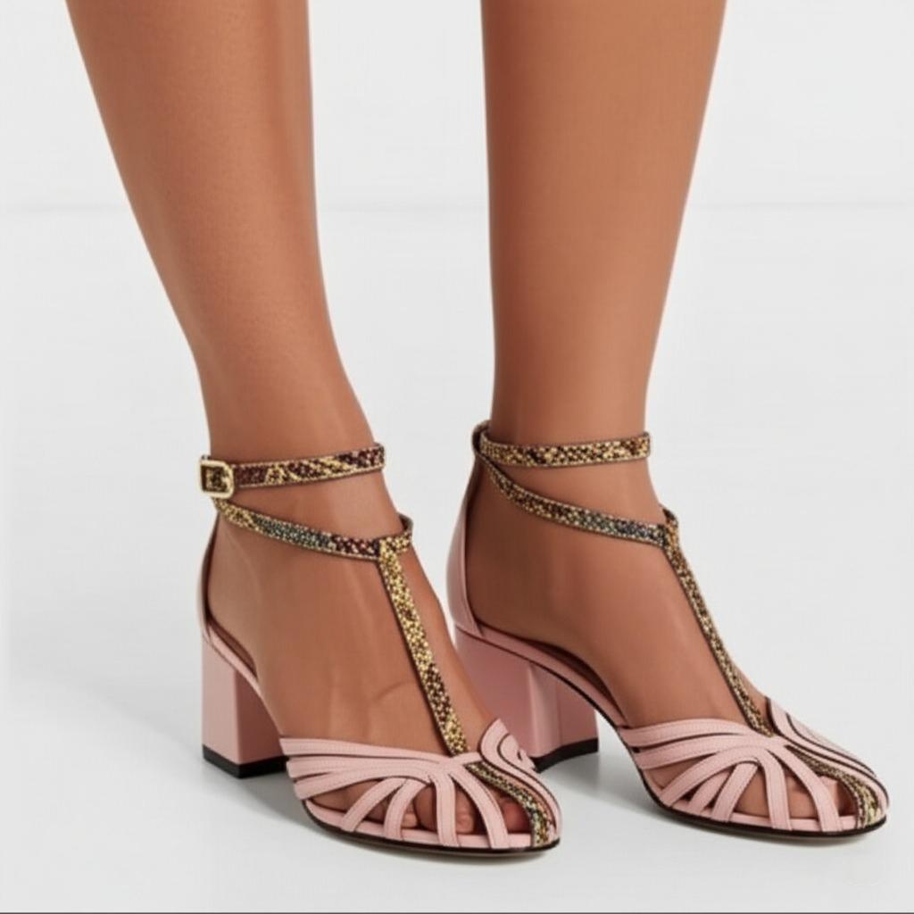 Chain Embellished T Strap Block Heel Sandals