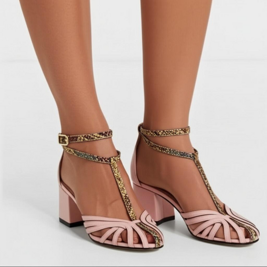 Chain Embellished T Strap Block Heel Sandals