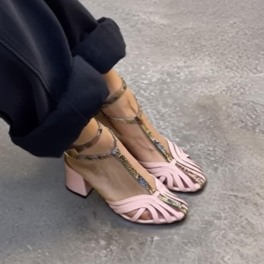 Chain Embellished T Strap Block Heel Sandals