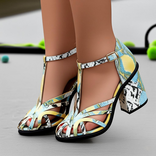 Printed Block Heel Ankle Strap Sandals
