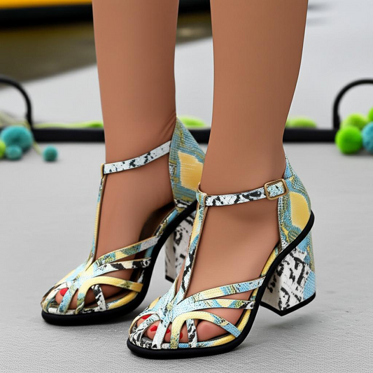 Printed Block Heel Ankle Strap Sandals
