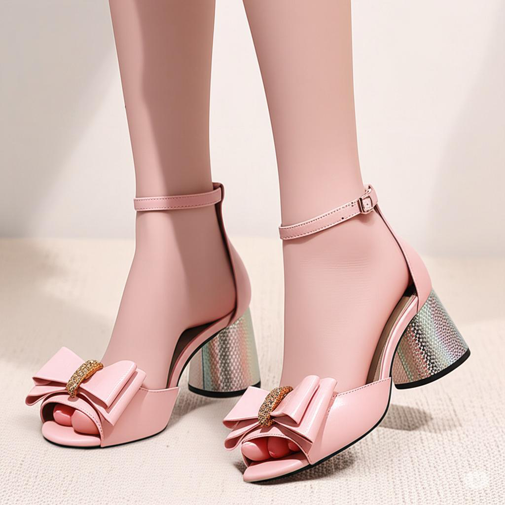 Bow Embellished Block Heel Ankle Strap Sandals