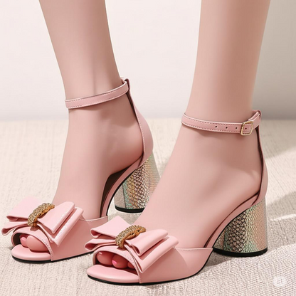 Bow Embellished Block Heel Ankle Strap Sandals