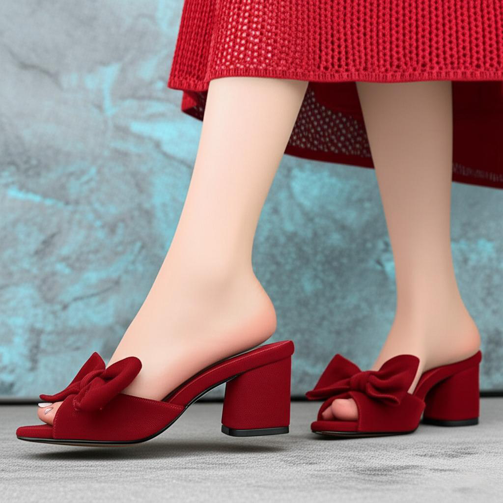 Bow Embellished Block Heel Mules