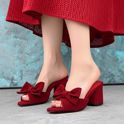 Bow Embellished Block Heel Mules