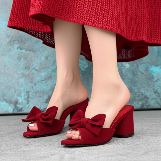 Bow Embellished Block Heel Mules