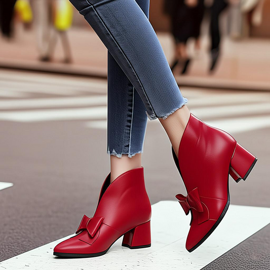 Bow Accent Block Heel Ankle Boots