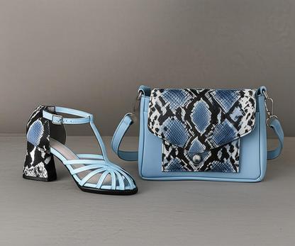 Snake Print Block Heel T Strap Sandals