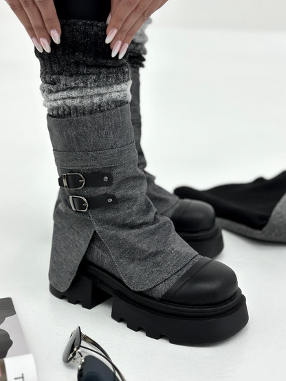 Patchwork Leather Buckle Boots