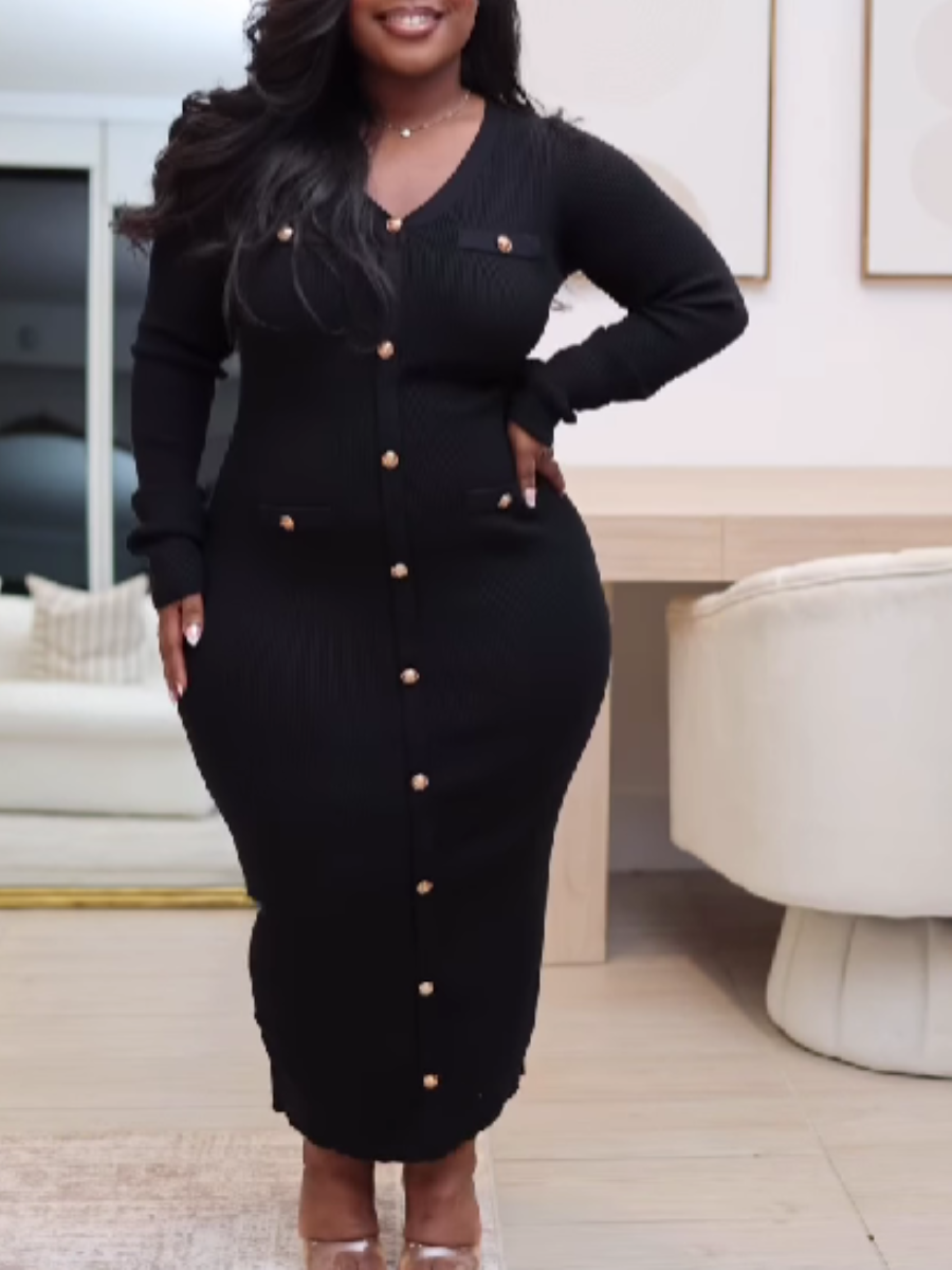 Knit Button Long Sleeve Dress