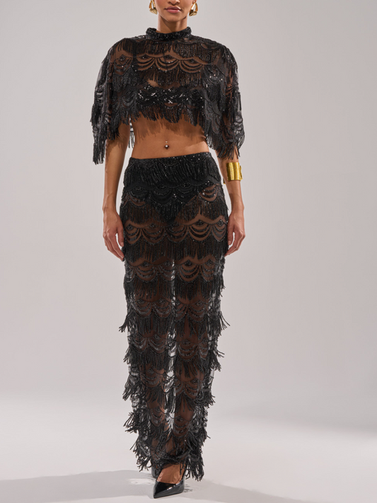 See-through Mesh Stitching Bead And Laminated Tassel Skirt Set