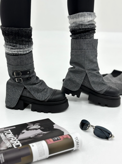 Patchwork Leather Buckle Boots