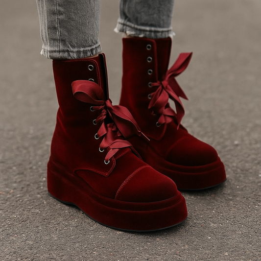 Satin Bow Lace Up Platform Ankle Boots