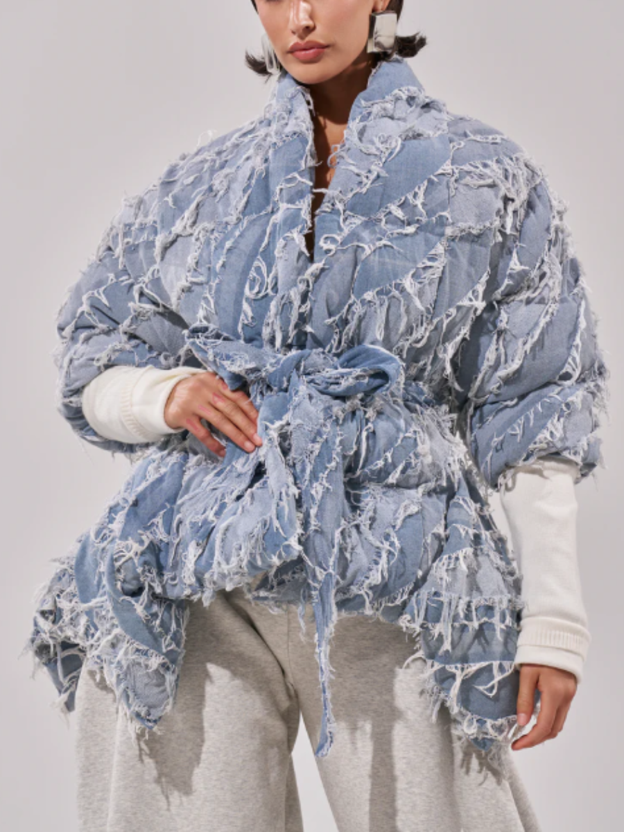 Denim Rip-Sleeve Ruffle Coat