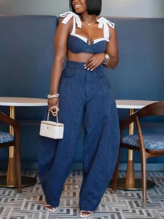 Chic Retro Striped Wide Leg Pants Set
