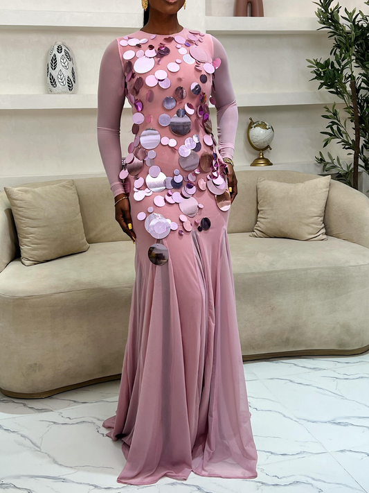 Gauze Sequin Pearl-Trim Dress