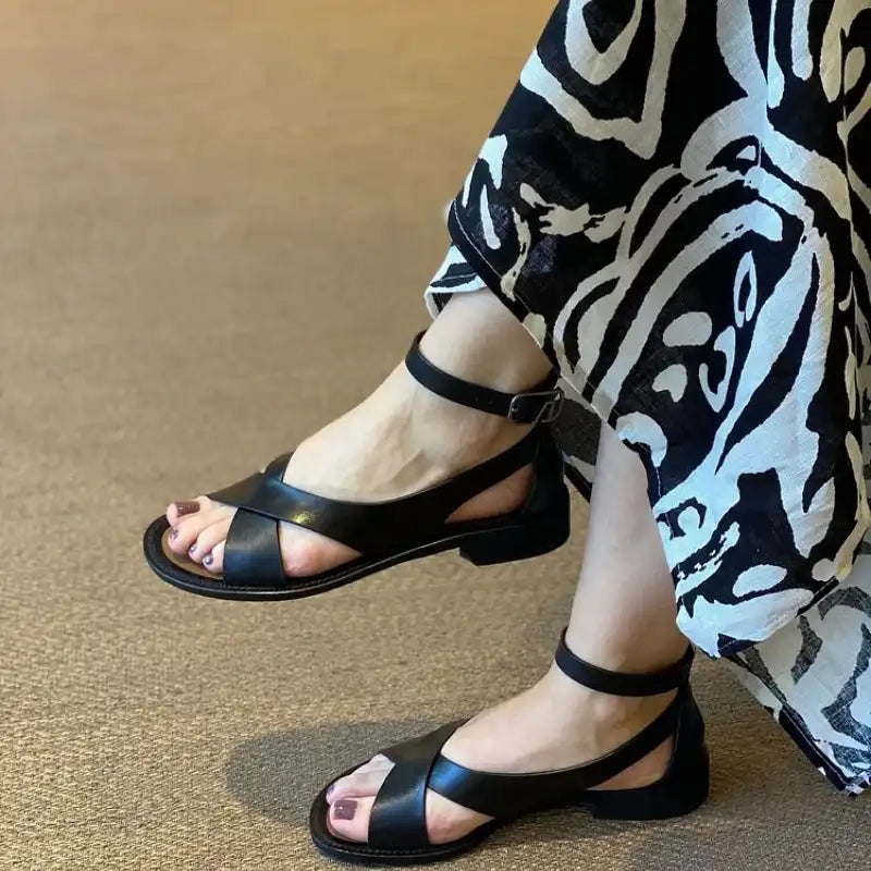 Chic Cross Leather Buckle Sandals