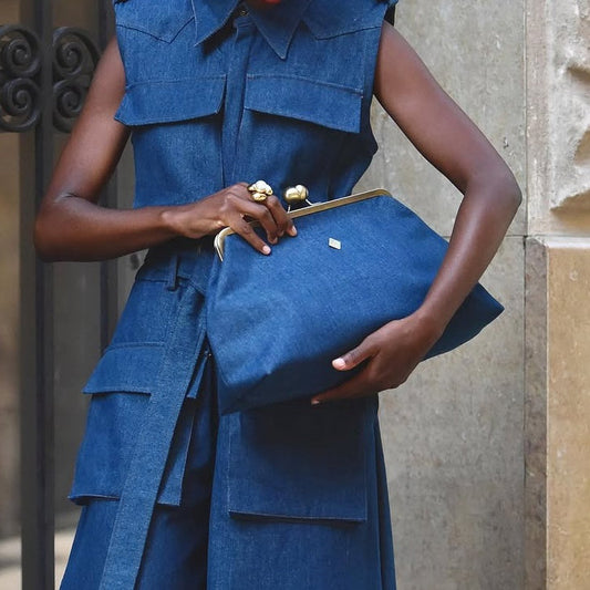 Classic Kiss-lock Closure Adorned Denim Bag