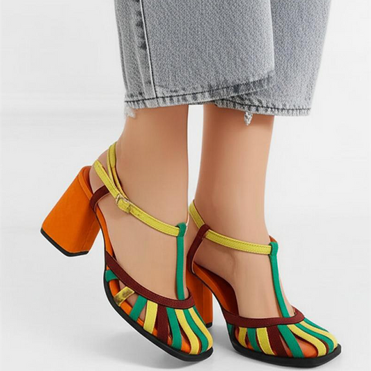 Color Block Strappy Block Heel Sandals