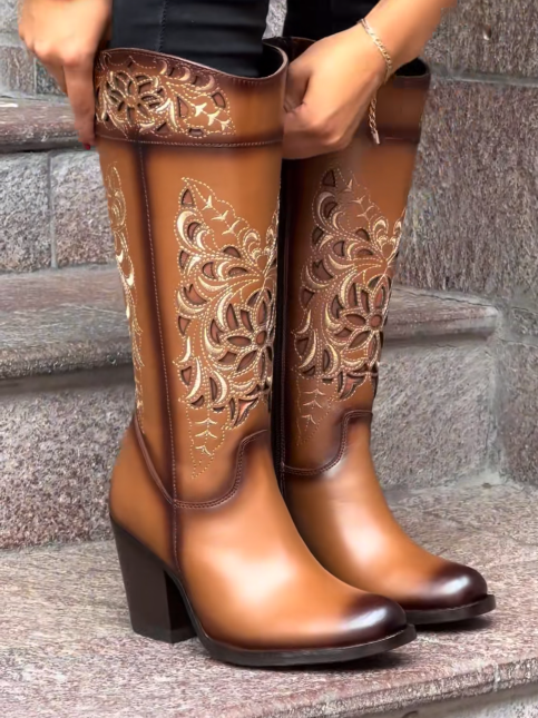 Embroidered Block Heel Knee High Boots